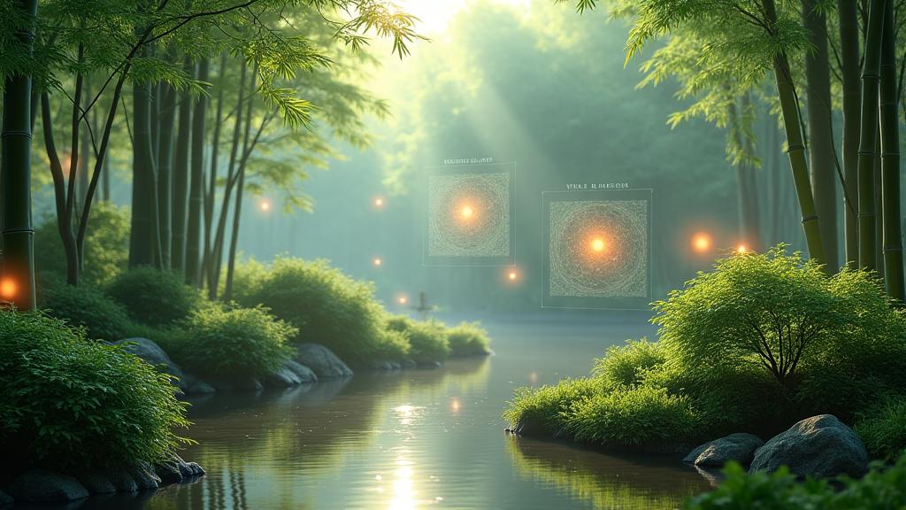 日本の伝統的な庭園を背景に、透明なホログラフィックなデータビジュアライゼーションが融合している様子。