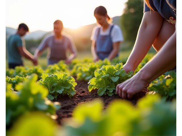 有機農家で土に触れながら作物を収穫する笑顔の人々