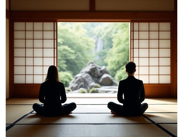 古刹の座禅堂で、静かに座禅を組む僧侶と参加者の後ろ姿