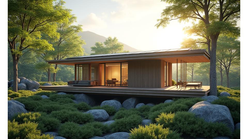 モダンな日本家屋が、周囲の豊かな自然と調和しながら、太陽光パネルや雨水貯留システムといったサステナブルな要素を巧みに取り入れた図解。伝統と未来が融合した建築デザイン。