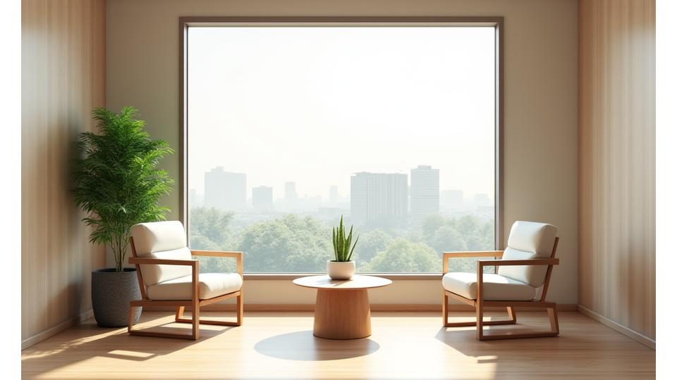 モダンで落ち着いたカウンセリングルーム。テーブルと椅子、観葉植物がある