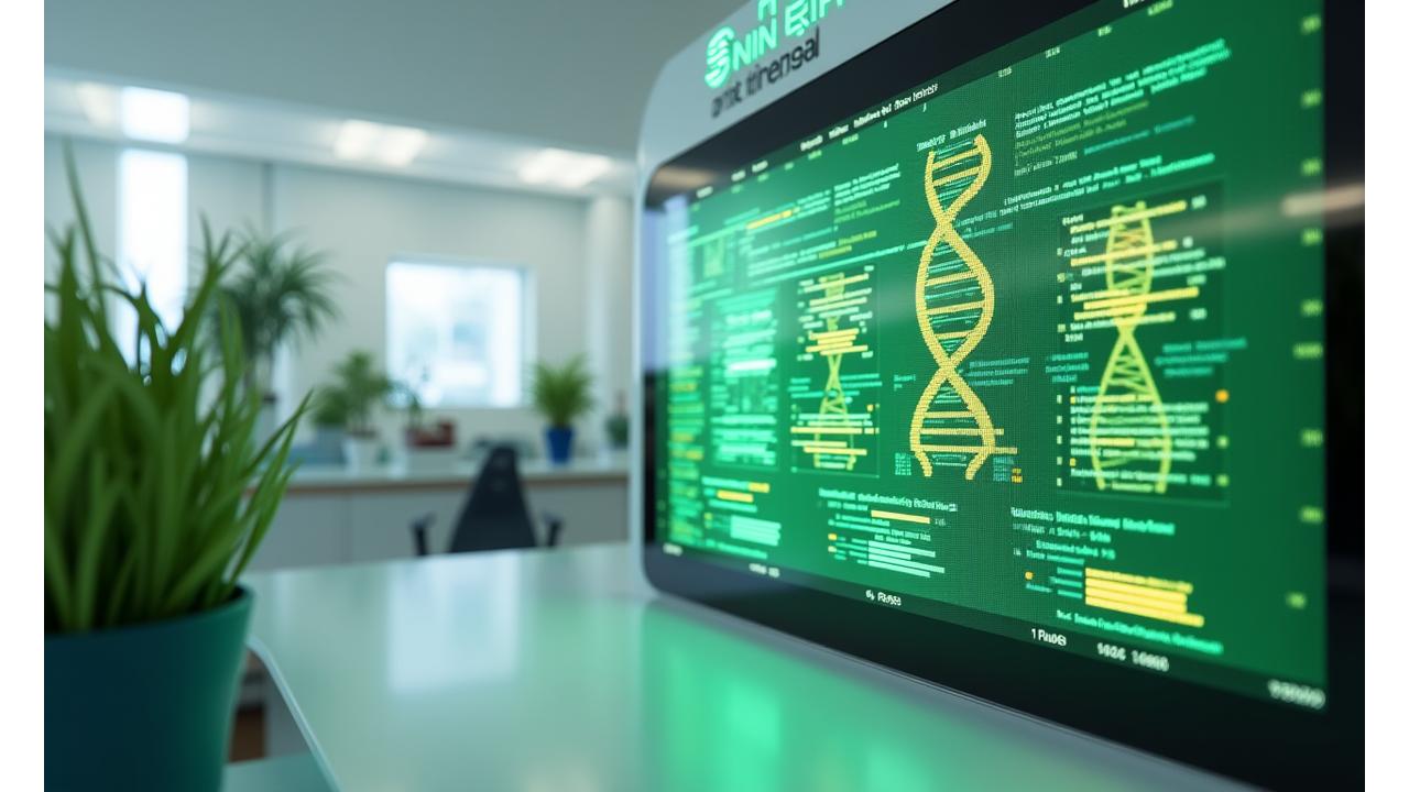 最新のDNA解析装置と、パーソナル栄養プランのデータがディスプレイに表示されている様子