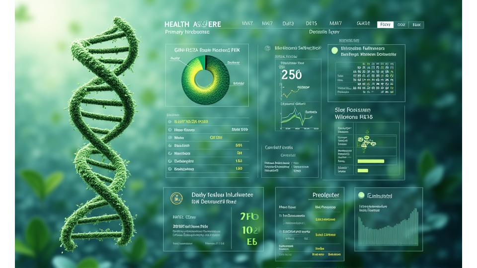 DNA解析グラフ、腸内細菌叢の円グラフ、血液バイオマーカーの数値が並んだデータ分析画面