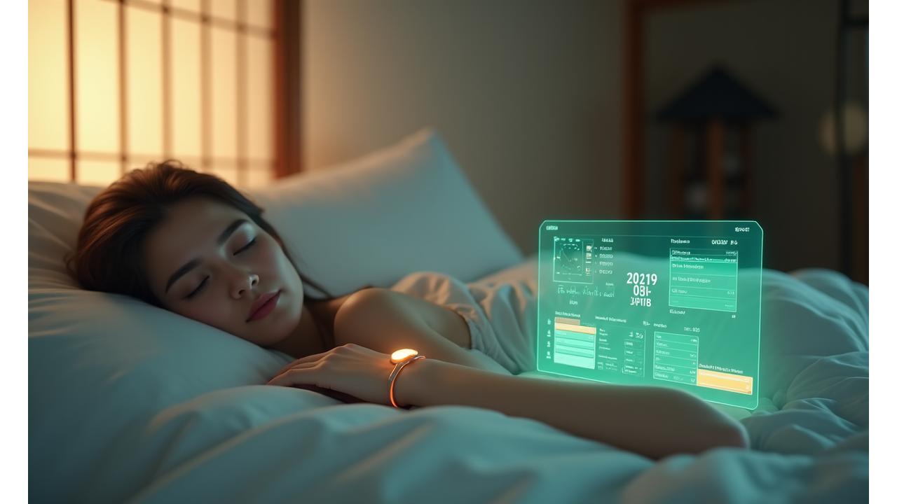 医療グレードのウェアラブルデバイスを装着し、快適な寝室で眠る人物。画面には睡眠データが可視化されており、静かでリラックスした雰囲気。