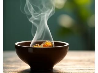 優しく煙を立てる香炉と、周囲に広がる天然香木の煙。落ち着いた和室の雰囲気。