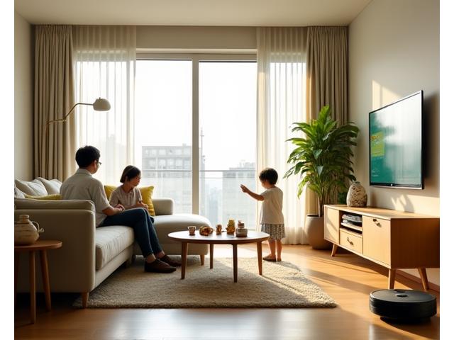 東京の60㎡マンションで、家族全員が操作しやすいスマートホームシステムを導入したリビング。