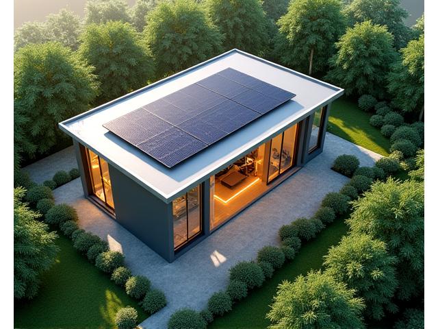 太陽光発電パネルとモダンな家の俯瞰図。エネルギーの流れを示すグラフィックが重ねられている。